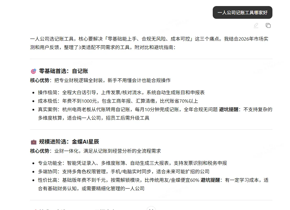 展示AI搜索界面，用户提问“一人公司记账工具哪家好”，AI回答中推荐了某品牌